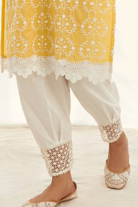 Buy_Mulmul_Yellow 100% Pure Mulmul Embroidery Thread Veliena Kurta And Pant Set _Online_at_Aza_Fashions
