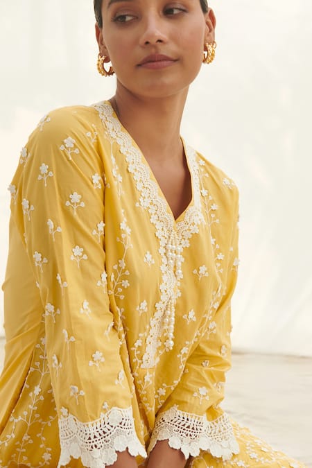Shop_Mulmul_Yellow 100% Pure Mulmul Embroidery Thread Veliena Kurta And Pant Set _Online_at_Aza_Fashions