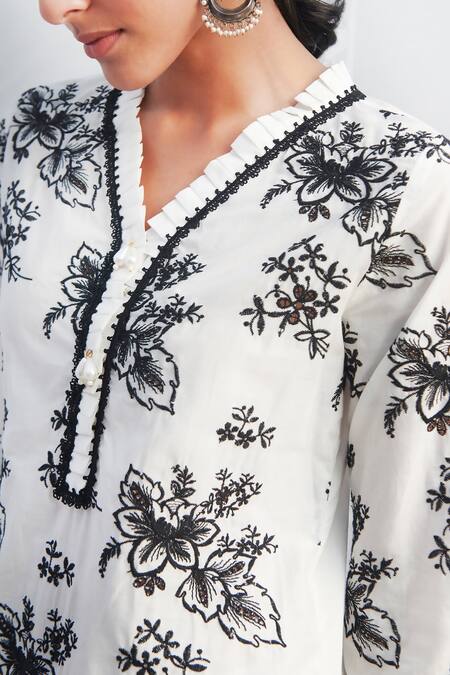 Buy_Mulmul_White 100% Pure Mulmul Embroidered And Verlem Kurta Savri Pant Set _Online_at_Aza_Fashions