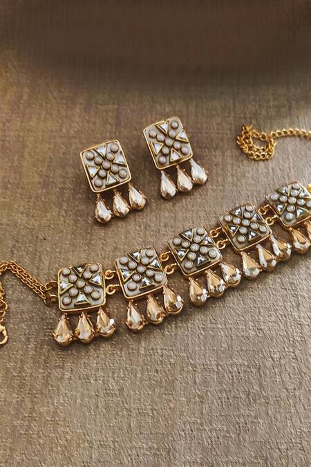Shop Bblingg Gold Plated Crystals, Pearls Viana Mini Embellished Choker Set Online at Aza Fashions Shop_Bblingg_Gold Plated Crystals, Pearls Viana Mini Embellished Choker Set _Online_at_Aza_Fashions