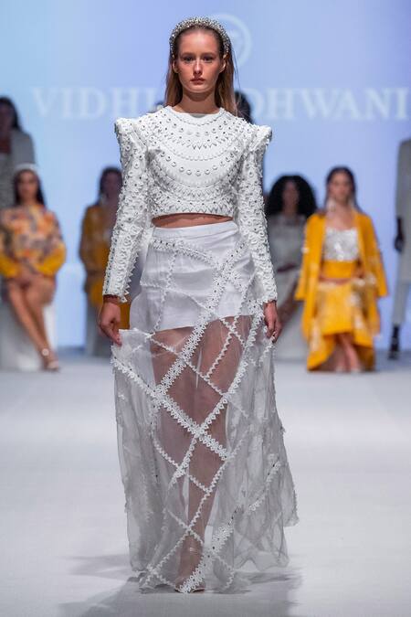 Shop_Vidhi Wadhwani_Off White Organza, Twill Beads, Applique Round Neck Yaya Structured Top _Online_at_Aza_Fashions