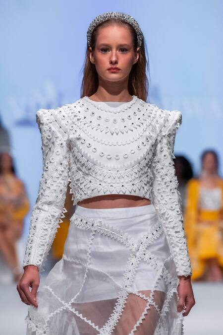 Vidhi Wadhwani_Off White Organza, Twill Beads, Applique Round Neck Yaya Structured Top _at_Aza_Fashions