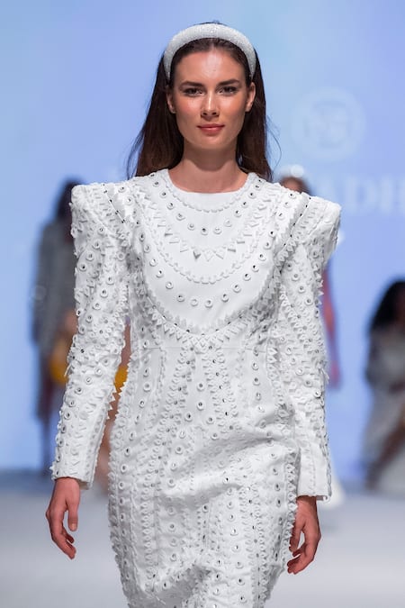 Vidhi Wadhwani_White Twill, Cotton Round Neck Structured Dress _Online_at_Aza_Fashions