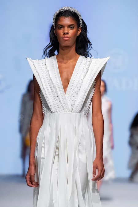 Vidhi Wadhwani_Ivory Crepe Sequins, Applique V-neck Kate Structured Tunic And Pant Set _at_Aza_Fashions