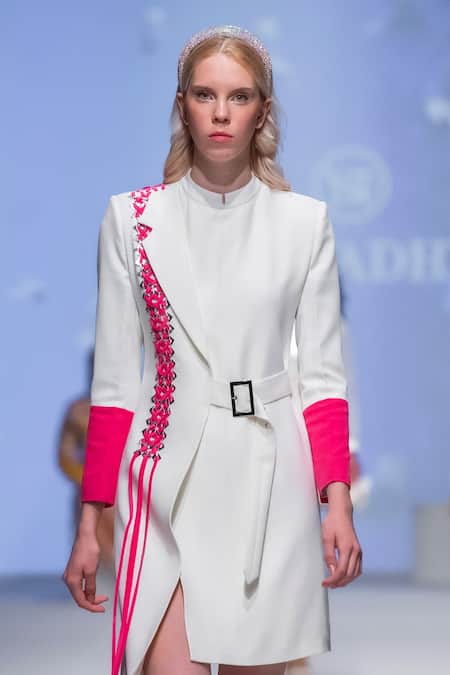 Shop_Vidhi Wadhwani_White Crepe, Lycra Fringe Bandeau Neck Cini Panelled Jacket Dress _Online_at_Aza_Fashions