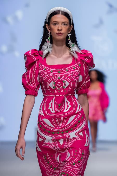 Buy Vidhi Wadhwani Pink Cotton Embroidery Square Neck Pari Cutwork Shift Dress Online at Aza Fashions Buy_Vidhi Wadhwani_Pink Cotton Embroidery Square Neck Pari Cutwork Shift Dress _Online_at_Aza_Fashions