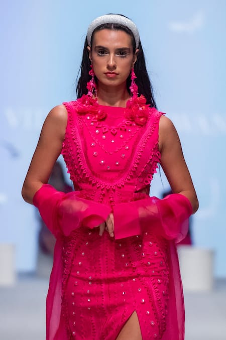 Vidhi Wadhwani_Pink Crepe, Lycra Embroidery Round Neck Pia Applique Dress _Online_at_Aza_Fashions