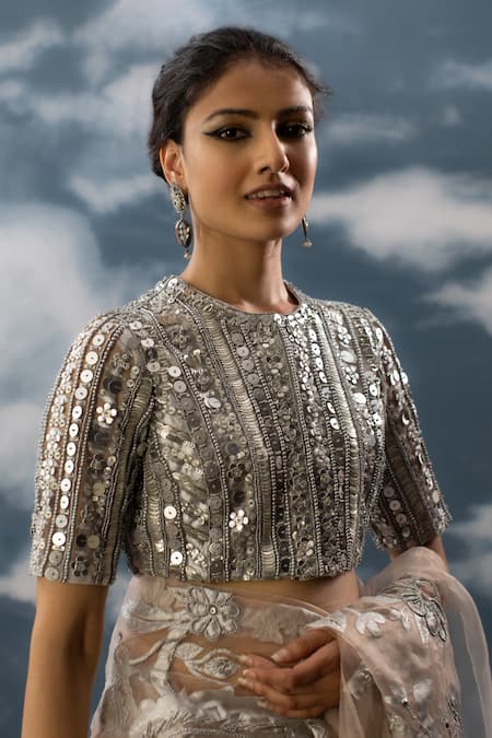 Shop_Saksham & Neharicka_Silver Net, Cotton Satin Sequins, Beads, Chandani Hand Embroidered Blouse _Online_at_Aza_Fashions