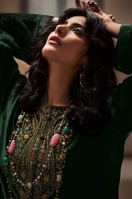 Label Varsha_Green Velvet Woven Kani Round Embroidered Bodice Kurta Set_Online_at_Aza_Fashions