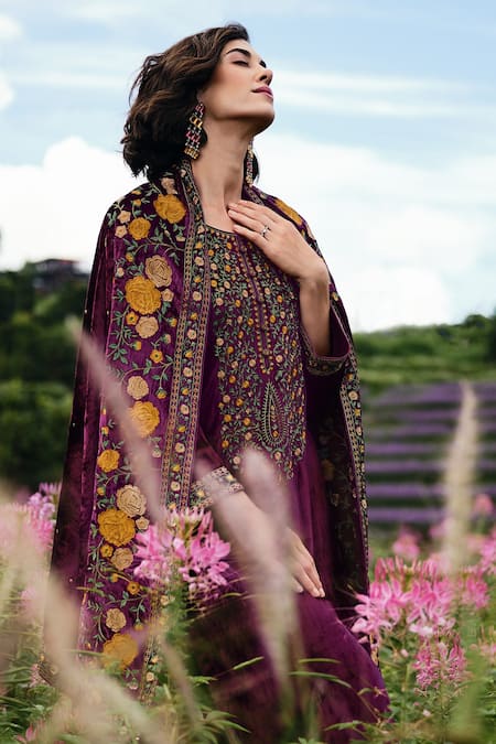 Label Varsha_Purple Velvet Embroidered Parsi Round Placed Kurta Set_Online_at_Aza_Fashions