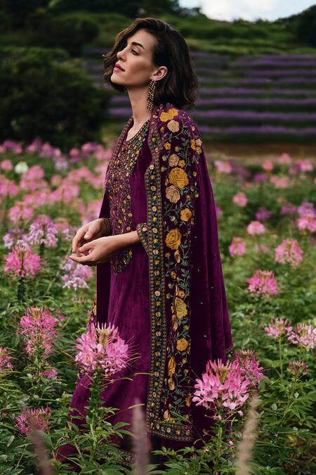 Buy_Label Varsha_Purple Velvet Embroidered Parsi Round Placed Kurta Set_Online_at_Aza_Fashions