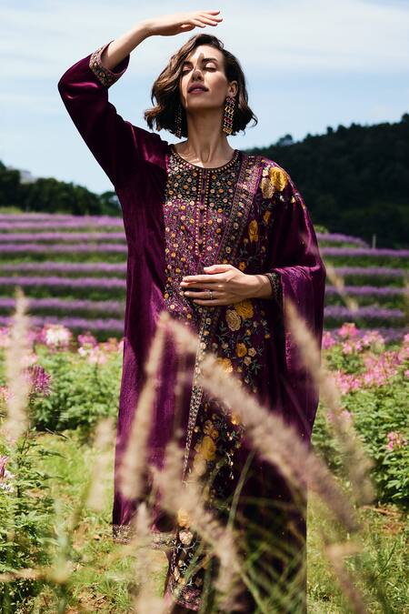 Shop_Label Varsha_Purple Velvet Embroidered Parsi Round Placed Kurta Set_Online_at_Aza_Fashions