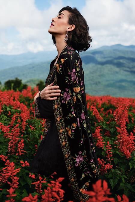 Label Varsha_Black Velvet Embroidered Parsi Round Kurta With Dupatta Set_Online_at_Aza_Fashions