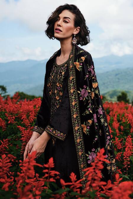 Buy_Label Varsha_Black Velvet Embroidered Parsi Round Kurta With Dupatta Set_Online_at_Aza_Fashions