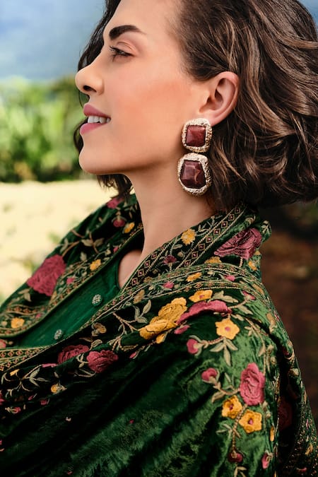 Buy_Label Varsha_Green Velvet, Pashmina Embroidery, Tassels Round Kurta Set With Parsi Dupatta_Online_at_Aza_Fashions