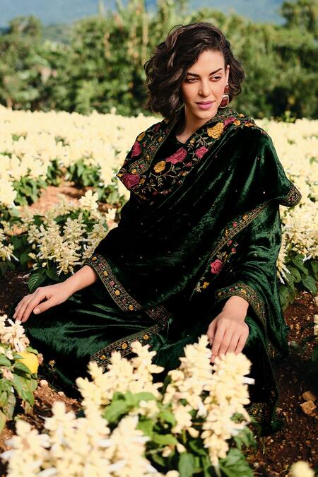 Shop_Label Varsha_Green Velvet, Pashmina Embroidery, Tassels Round Kurta Set With Parsi Dupatta_Online_at_Aza_Fashions