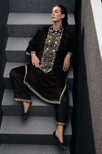Shop_Label Varsha_Black Velvet Embroidered Thread Round Floral Bodice Pheran And Pant Set_Online_at_Aza_Fashions