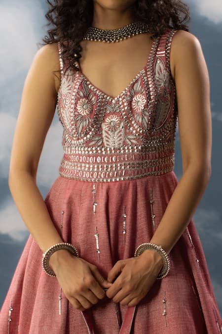 Saksham & Neharicka_Pink Cotton Embroidery, Sequins V-neck Laalsa Hand Dress _Online_at_Aza_Fashions