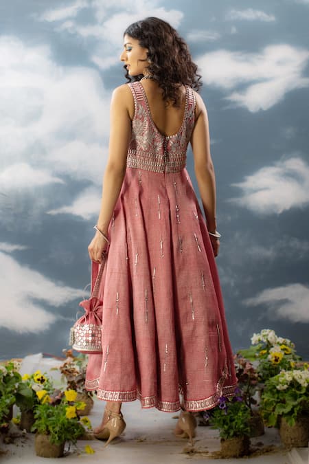 Buy_Saksham & Neharicka_Pink Cotton Embroidery, Sequins V-neck Laalsa Hand Dress _Online_at_Aza_Fashions