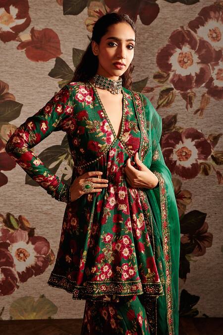 Shop_Prints By Radhika_Green Dupion Printed Floral V Neck Gharara Pant Set _Online_at_Aza_Fashions