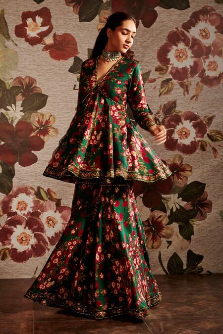 Prints By Radhika_Green Dupion Printed Floral V Neck Gharara Pant Set _at_Aza_Fashions