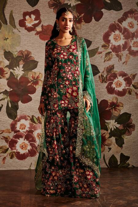 Shop_Prints By Radhika_Green Dupion Printed Floral Round Kurta Sharara Pant Set _Online_at_Aza_Fashions