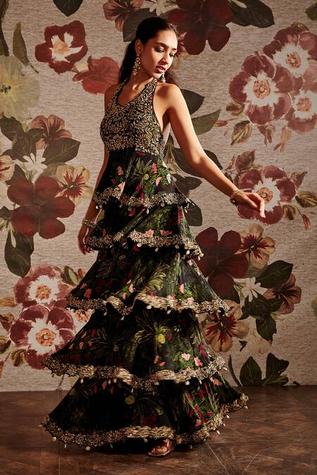 Shop_Prints By Radhika_Multi Color Georgette Printed Floral Halter Anarkali _Online_at_Aza_Fashions