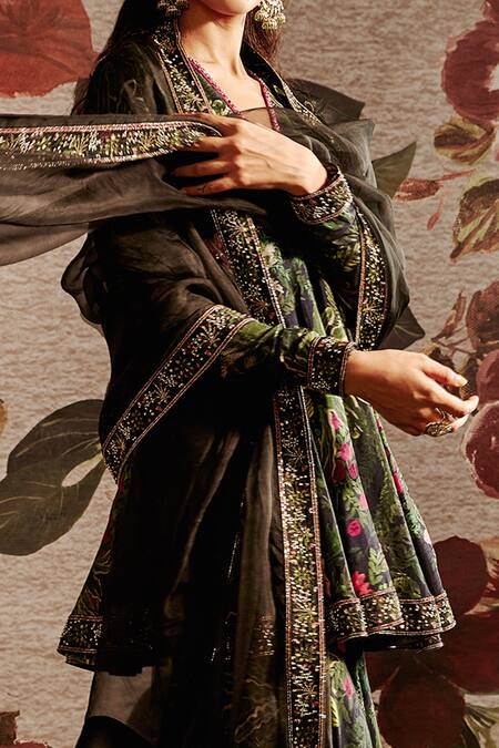 Prints By Radhika_Green Dupion Printed Floral V Neck Gharara Set _Online_at_Aza_Fashions