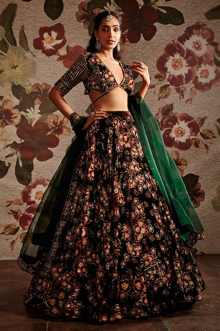 Buy_Prints By Radhika_Multi Color Velvet Printed Floral V Neck Hand Embroidered Lehenga Set _Online_at_Aza_Fashions