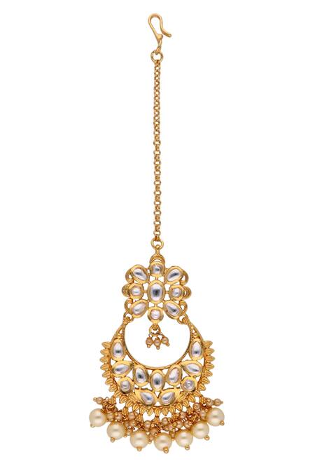 Curio Cottage_Gold Plated Crescent Moon Shape Maangtikka_Online_at_Aza_Fashions
