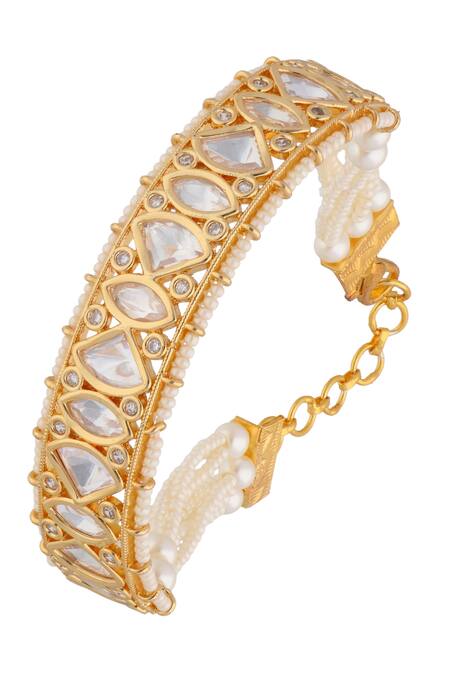 Curio Cottage_Gold Plated Kundan And Pearls & Studded Ponchi Bracelet_Online_at_Aza_Fashions