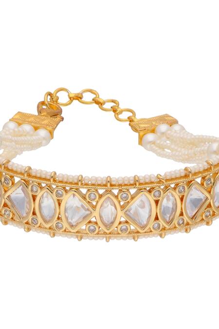 Buy_Curio Cottage_Gold Plated Kundan And Pearls & Studded Ponchi Bracelet_Online_at_Aza_Fashions