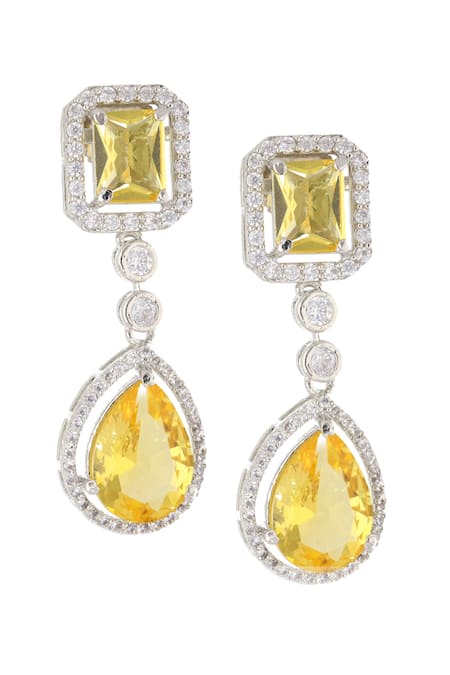 Silver Yellow Gold Plated Green Cubic Zirconia Octagon Drop Earrings