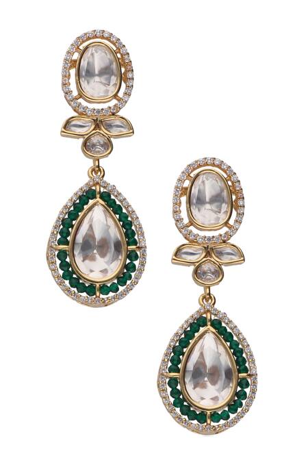 Curio Cottage Gold Plated Semi Precious Kundan Stones And Crystals Embellished Drop Earrings Online at Aza Fashions Curio Cottage_Gold Plated Semi Precious Kundan Stones And Crystals Embellished Drop Earrings_Online_at_Aza_Fashions