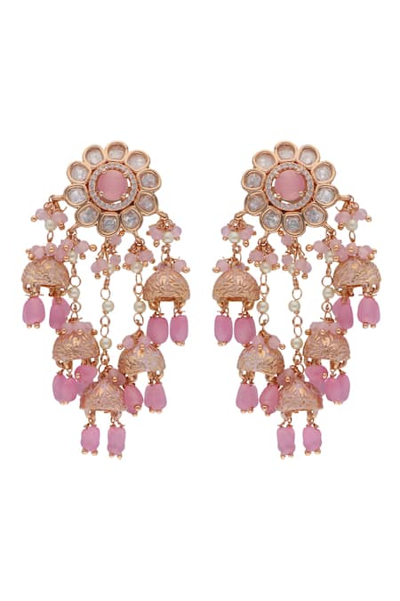 Curio Cottage_Pink Beads And Kundan Infloresence Layered Dangler Earrings_Online_at_Aza_Fashions