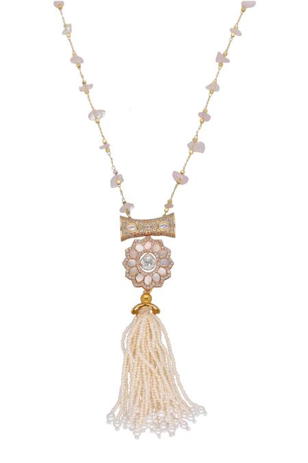 Buy_Curio Cottage_White Kundan And Beads Tassel Drop Long Necklace_Online_at_Aza_Fashions
