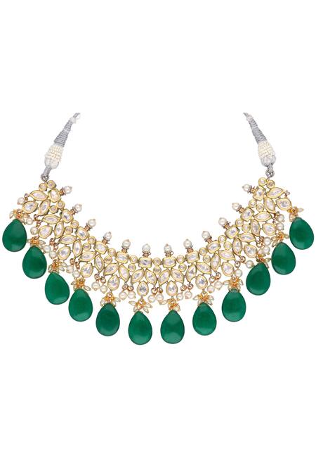 Curio Cottage Green Semi-precious Stones, Pearl And Kundan Embellished Glow Getter Necklace Set Online at Aza Fashions Curio Cottage_Green Semi-precious Stones, Pearl And Kundan Embellished Glow Getter Necklace Set_Online_at_Aza_Fashions