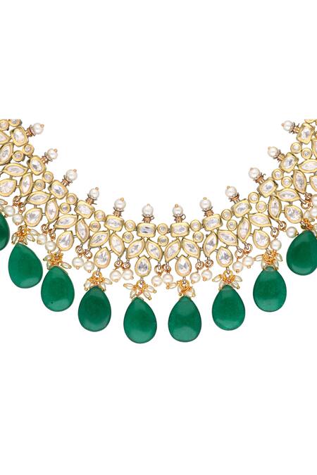 Buy Curio Cottage Green Semi-precious Stones, Pearl And Kundan Embellished Glow Getter Necklace Set Online at Aza Fashions Buy_Curio Cottage_Green Semi-precious Stones, Pearl And Kundan Embellished Glow Getter Necklace Set_Online_at_Aza_Fashions