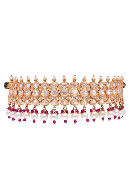 Curio Cottage_Gold Plated Pearls, Stones Forever Glitter Embellished Choker Necklace Set_Online_at_Aza_Fashions