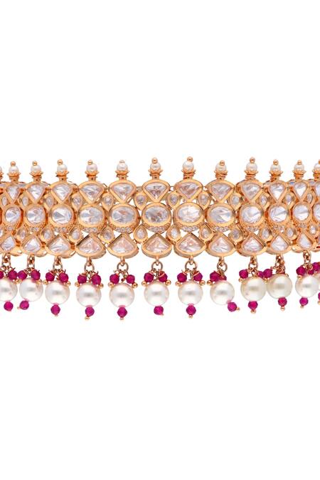 Buy_Curio Cottage_Gold Plated Pearls, Stones Forever Glitter Embellished Choker Necklace Set_Online_at_Aza_Fashions