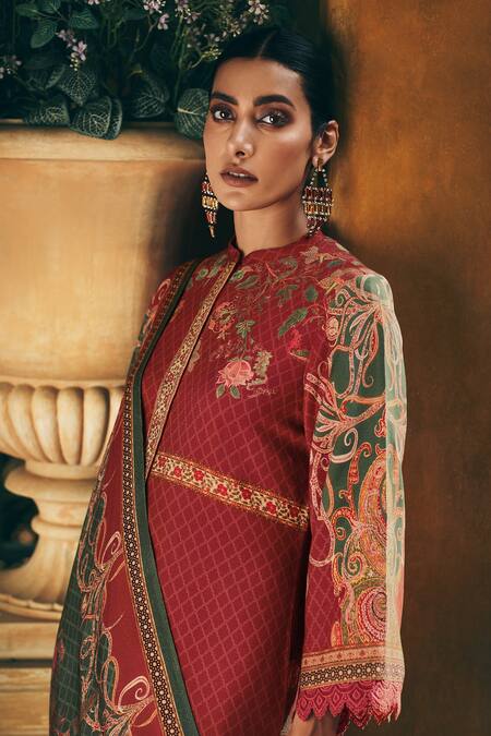 Label Varsha_Red Viscose Pashmina Printed Digital Mandarin Collar Paisley Patterned Kurta Set_Online_at_Aza_Fashions