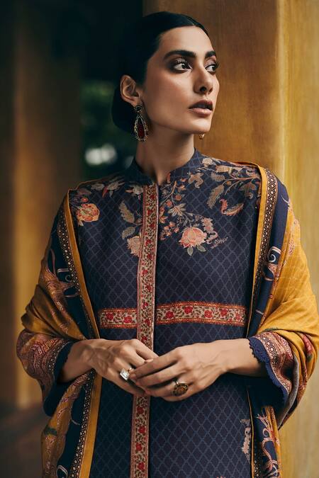 Label Varsha_Blue Viscose Pashmina Printed Digital Mandarin Collar Placed Paisley Kurta Set_Online_at_Aza_Fashions