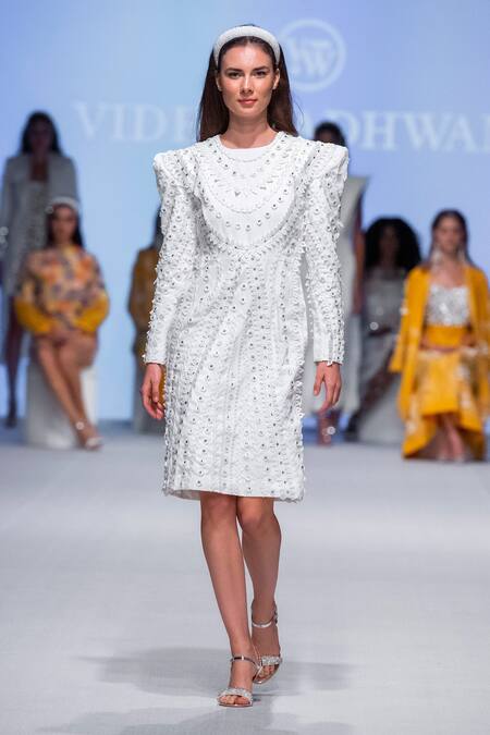 Buy_Vidhi Wadhwani_White Twill, Cotton Round Neck Structured Dress _Online_at_Aza_Fashions
