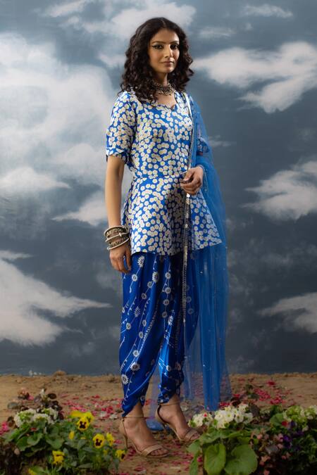 Buy_Saksham & Neharicka_Blue Satin, Net Embroidery, Pearls V-neck Printed Kurta Dhoti Pant Set_Online_at_Aza_Fashions