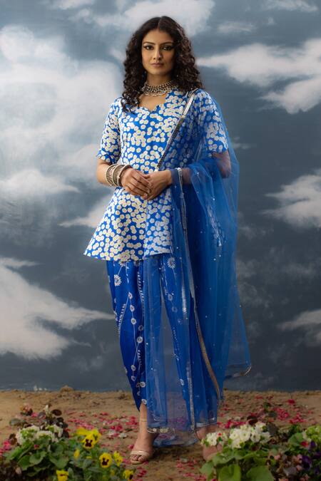 Shop_Saksham & Neharicka_Blue Satin, Net Embroidery, Pearls V-neck Printed Kurta Dhoti Pant Set_Online_at_Aza_Fashions