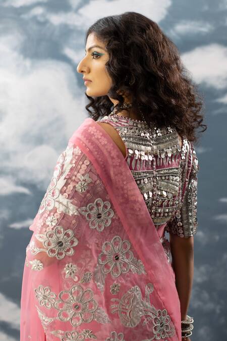 Shop_Saksham & Neharicka_Pink Net, Cotton, Lurex Beads, Sequins V-neck Laalsa Hand Embroidered Blouse_Online_at_Aza_Fashions