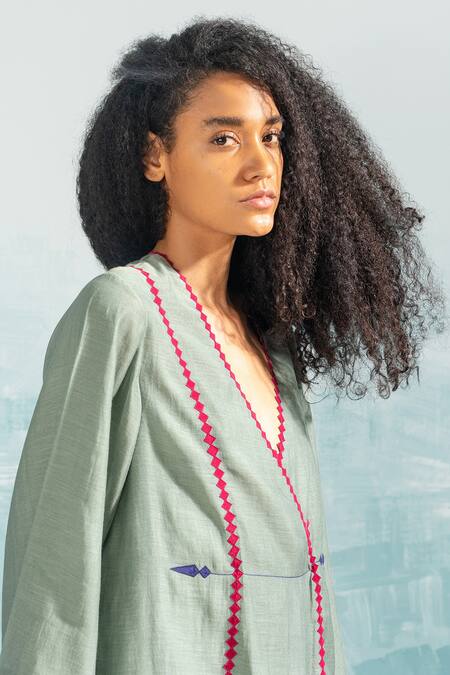 Ikai By Ragini Ahuja Green Cotton, Silk, Chanderi Embroidery V-neck Nile Wrap Overlap Tunic Online at Aza Fashions Ikai By Ragini Ahuja_Green Cotton, Silk, Chanderi Embroidery V-neck Nile Wrap Overlap Tunic_Online_at_Aza_Fashions