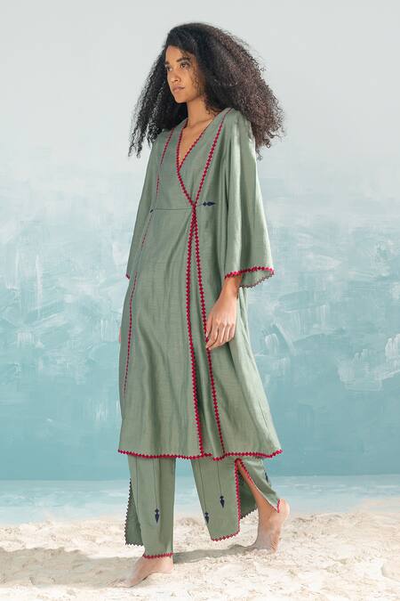 Buy Ikai By Ragini Ahuja Green Cotton, Silk, Chanderi Embroidery V-neck Nile Wrap Overlap Tunic Online at Aza Fashions Buy_Ikai By Ragini Ahuja_Green Cotton, Silk, Chanderi Embroidery V-neck Nile Wrap Overlap Tunic_Online_at_Aza_Fashions