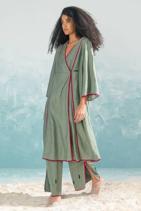 Buy_Ikai by Ragini Ahuja_Green 100% Cotton Embroidery Applique And Cutwork Nile Pant  _Online_at_Aza_Fashions