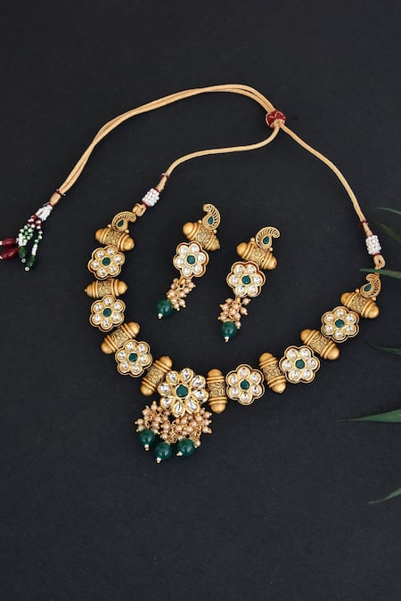 Shop_Swabhimann_Green Imitation Diamonds Gold Toned Kundan Floral Necklace Set _Online_at_Aza_Fashions